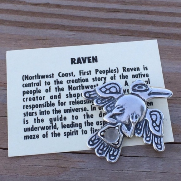 Raven Crow Pendant .925 Sterling Silver w/ genuine Moonstone gem Made in USA - Picture 2 of 8